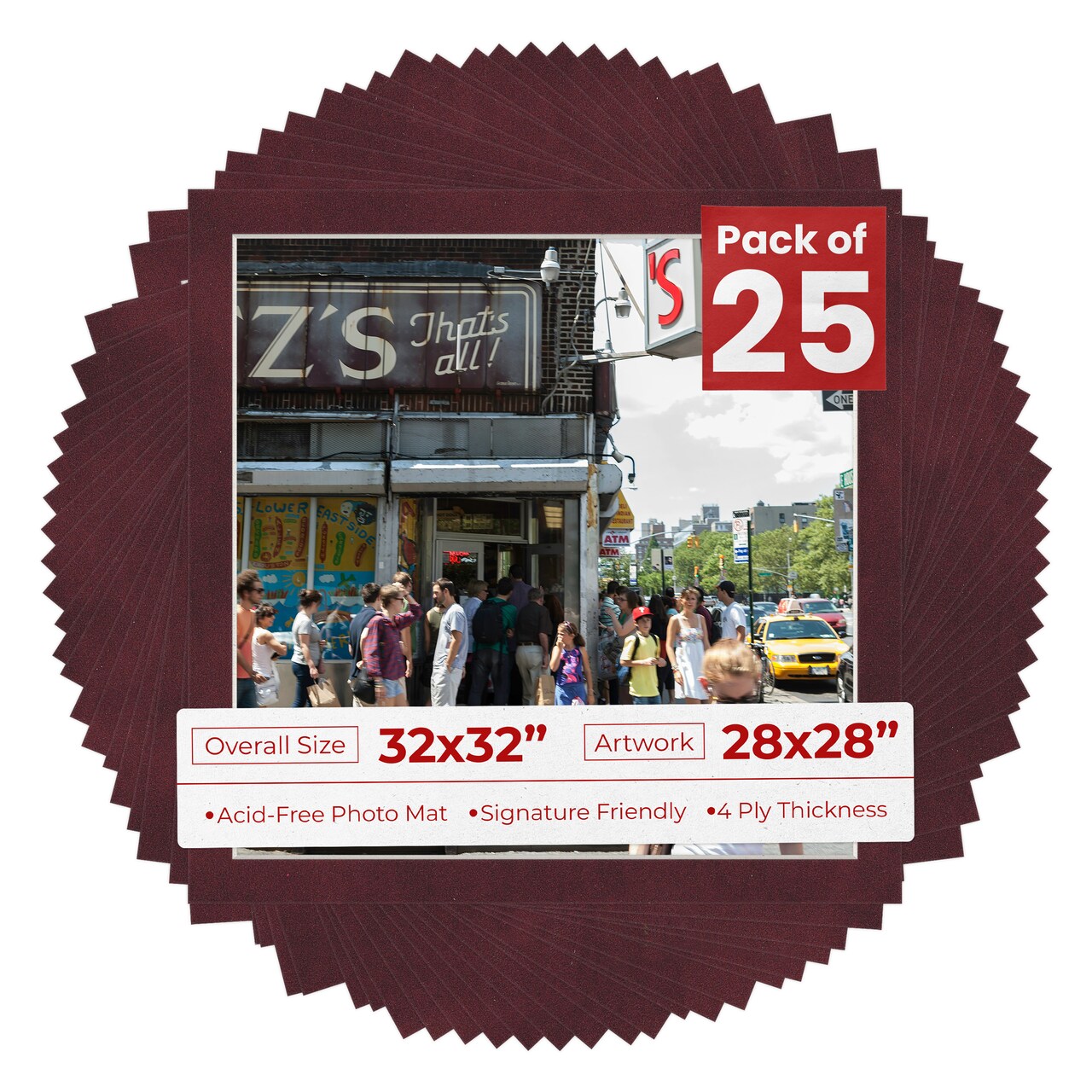 Dark Red Suede Mat Board for 32x32 Frames - Fits 28x28 Photos